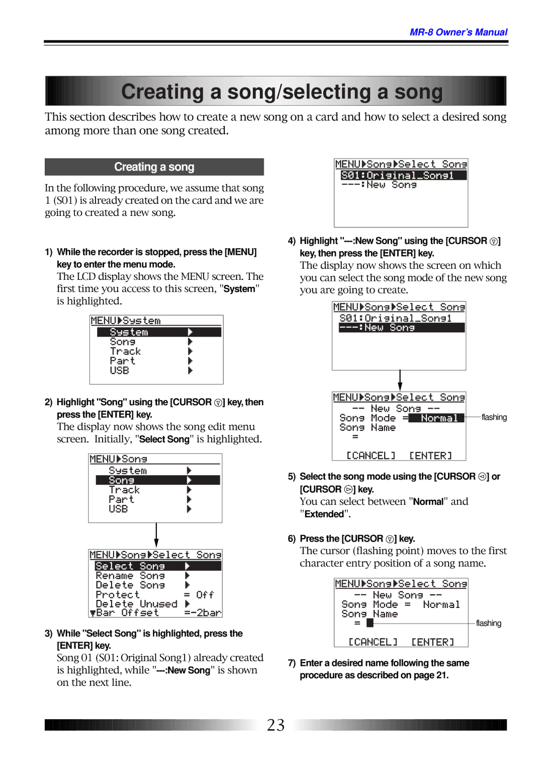 Fostex MR-8 owner manual Creating a song/selecting a song, Select the song mode using the Cursor or Cursor key 