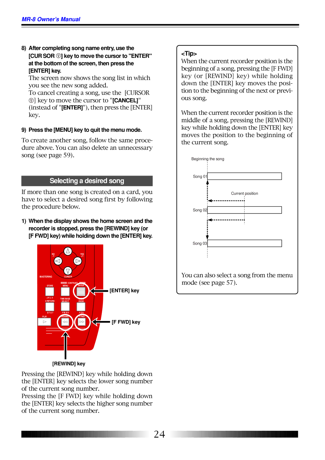 Fostex MR-8 owner manual Selecting a desired song, Tip 