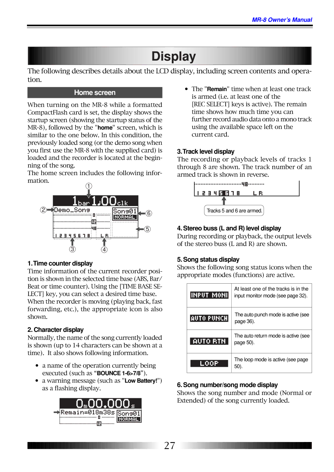 Fostex MR-8 owner manual Display, Home screen 