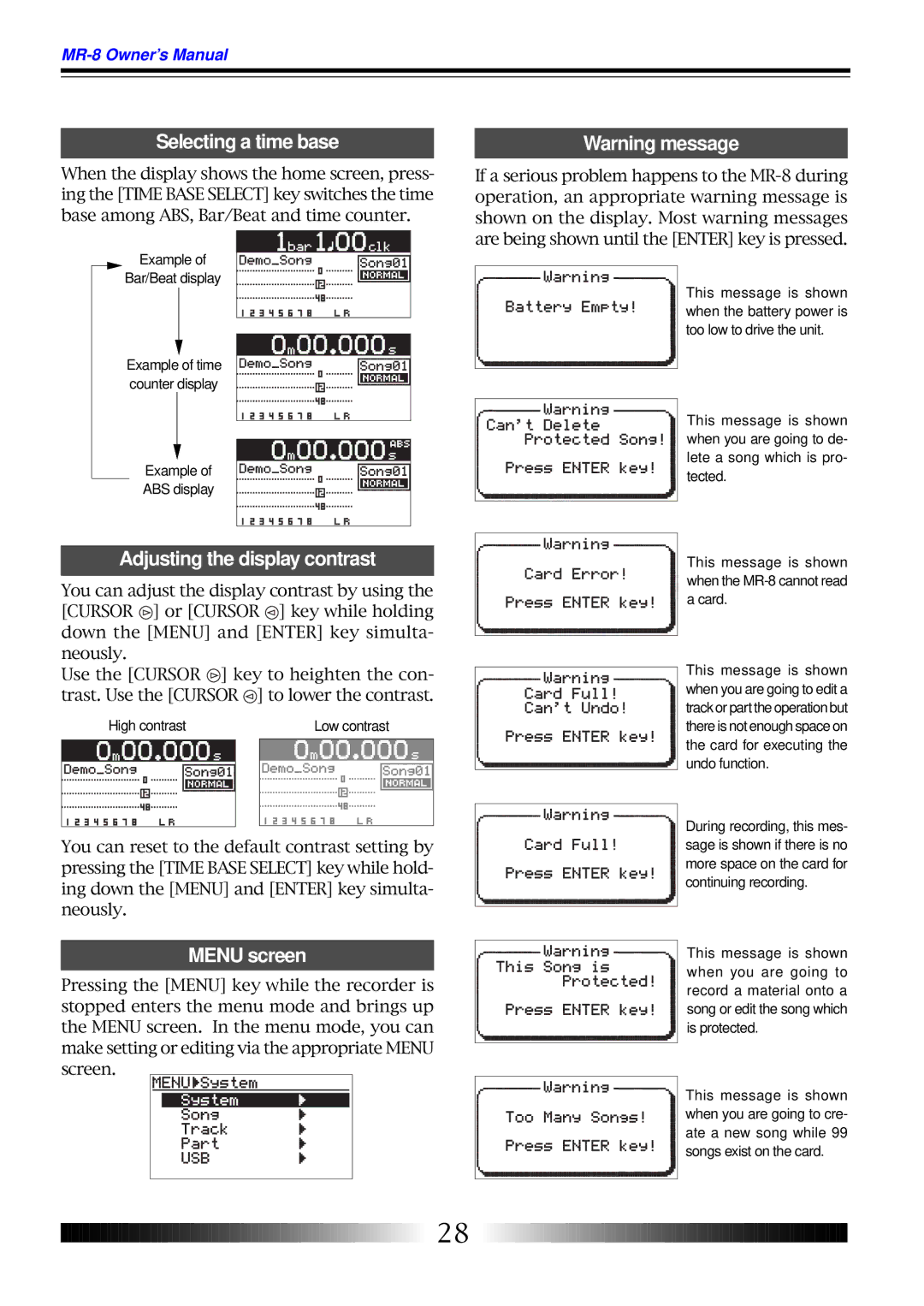 Fostex MR-8 owner manual Selecting a time base, Adjusting the display contrast, Menu screen 