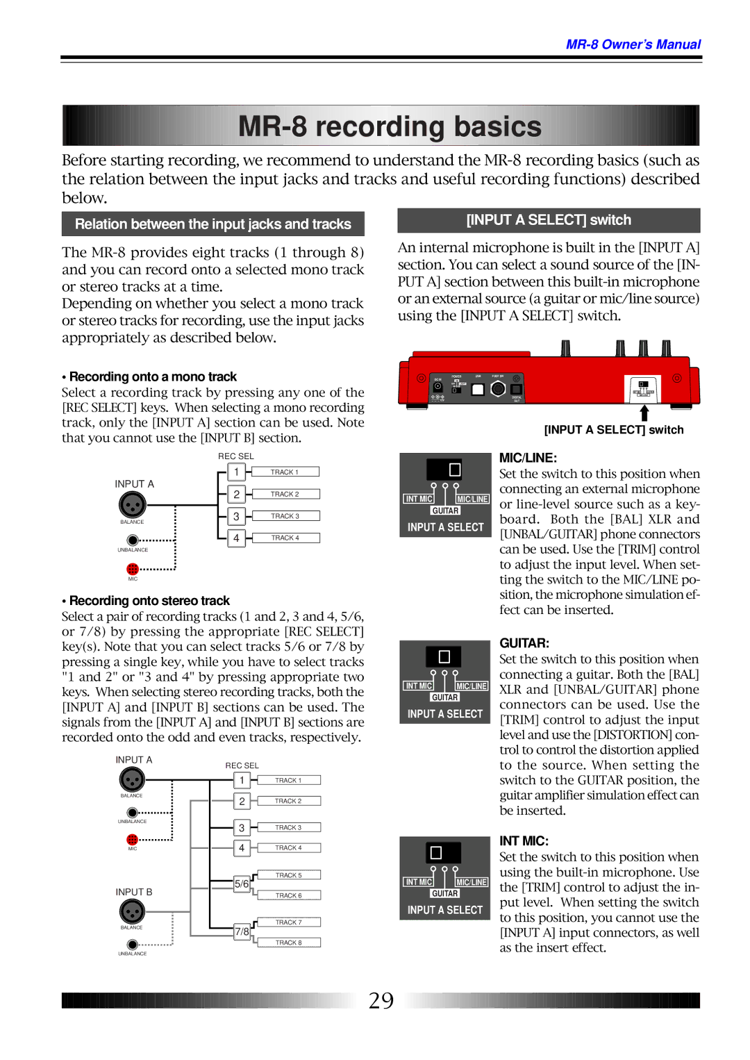 Fostex MR-8 owner manual MR -8 recording basics, Recording onto a mono track, Recording onto stereo track 