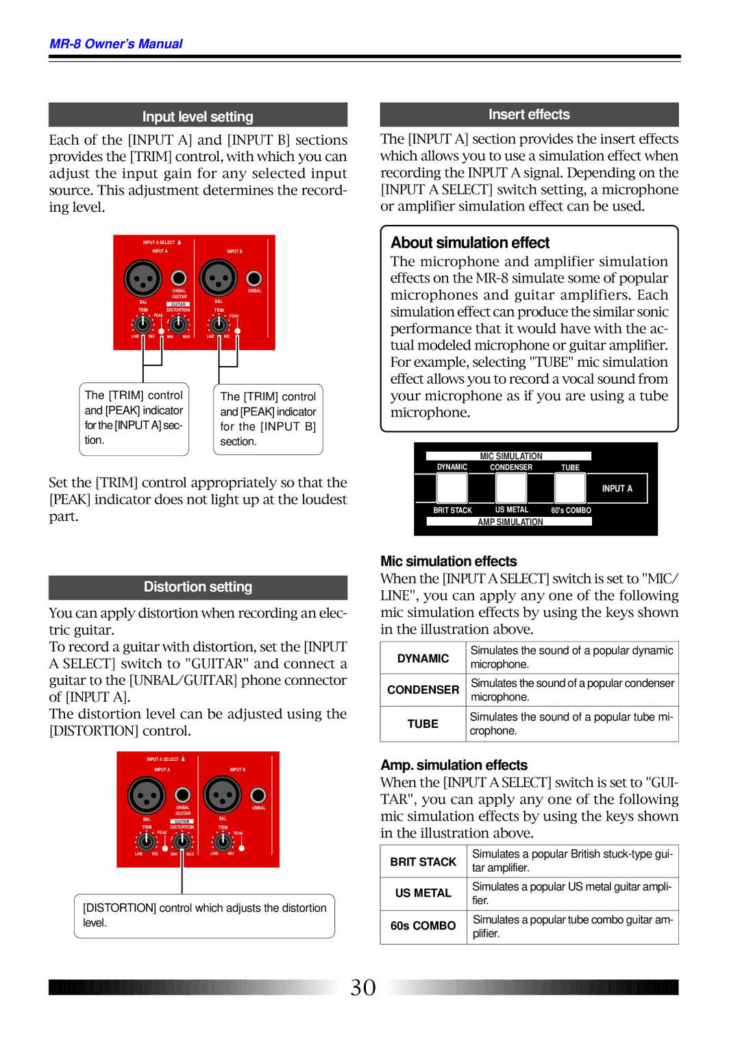 Fostex MR-8 owner manual About simulation effect, Input level setting, Insert effects, Distortion setting 