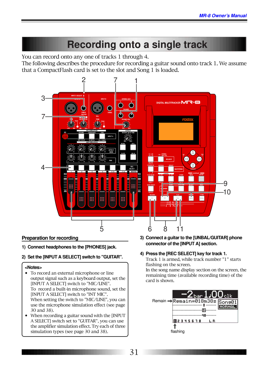 Fostex MR-8 owner manual Recording onto a single track, Preparation for recording 