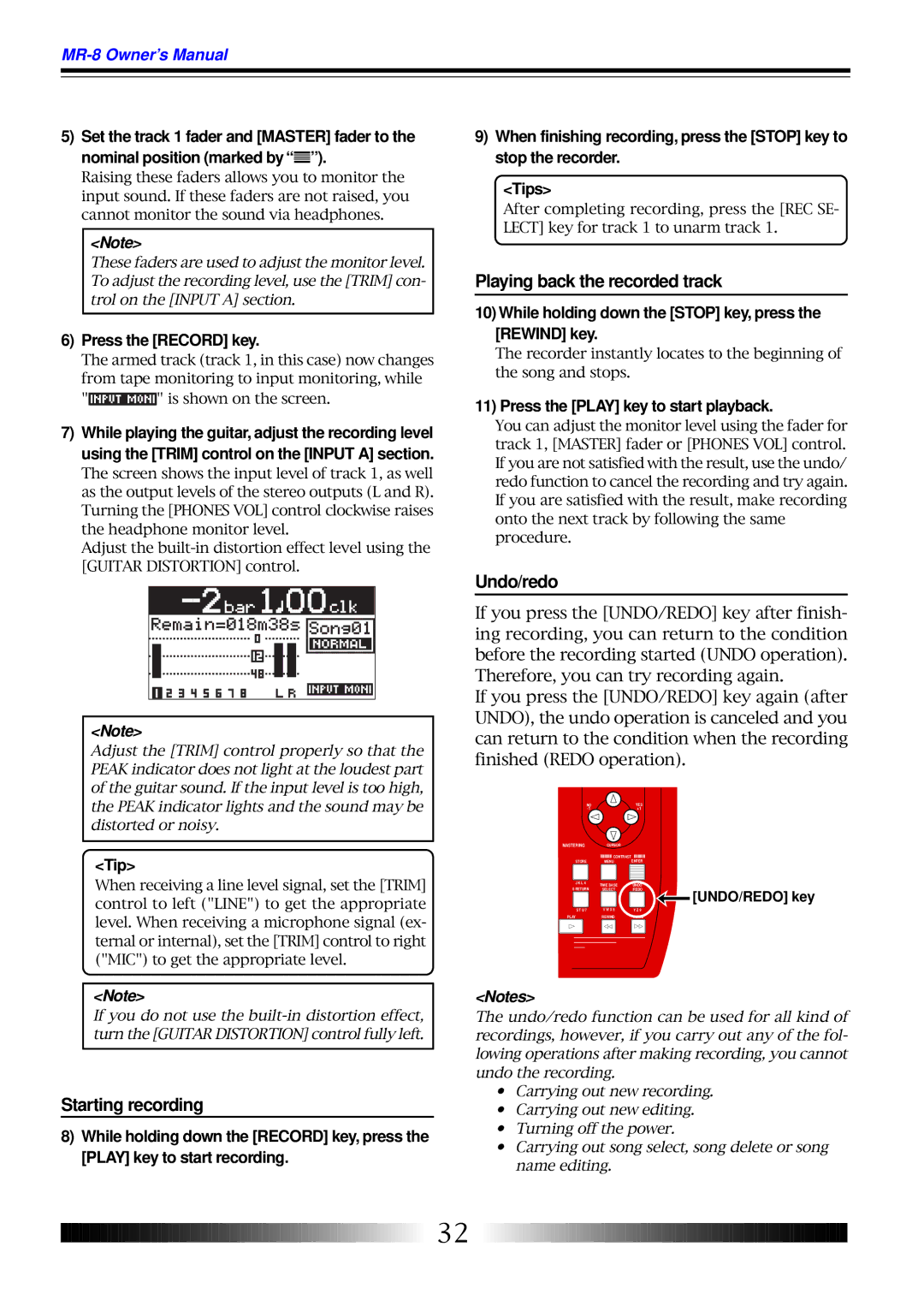 Fostex MR-8 owner manual Playing back the recorded track, Undo/redo, Starting recording 