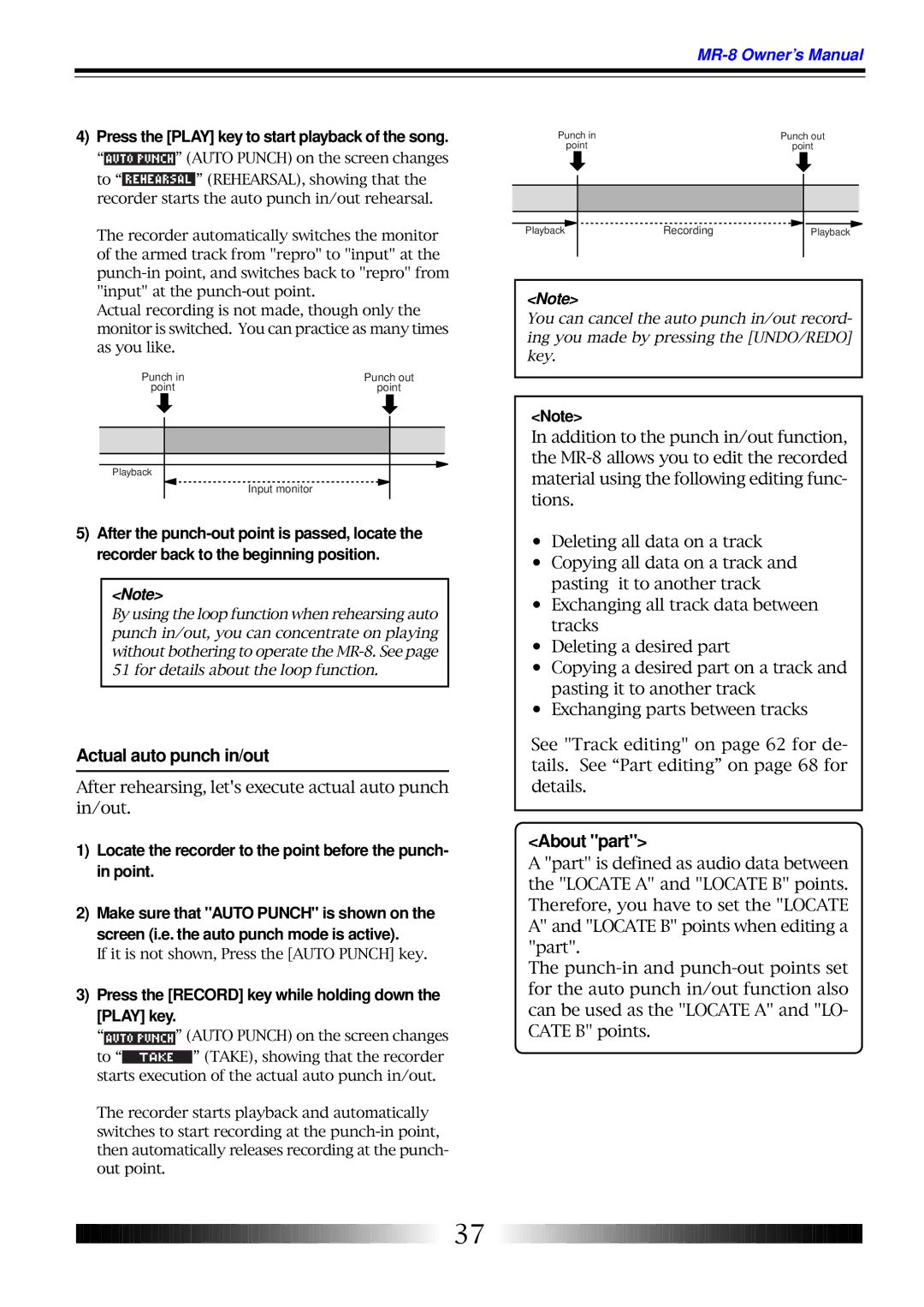 Fostex MR-8 owner manual Actual auto punch in/out, About part, Press the Play key to start playback of the song 