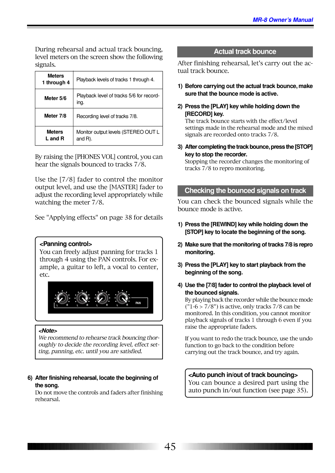 Fostex MR-8 owner manual Actual track bounce, Checking the bounced signals on track, Panning control 