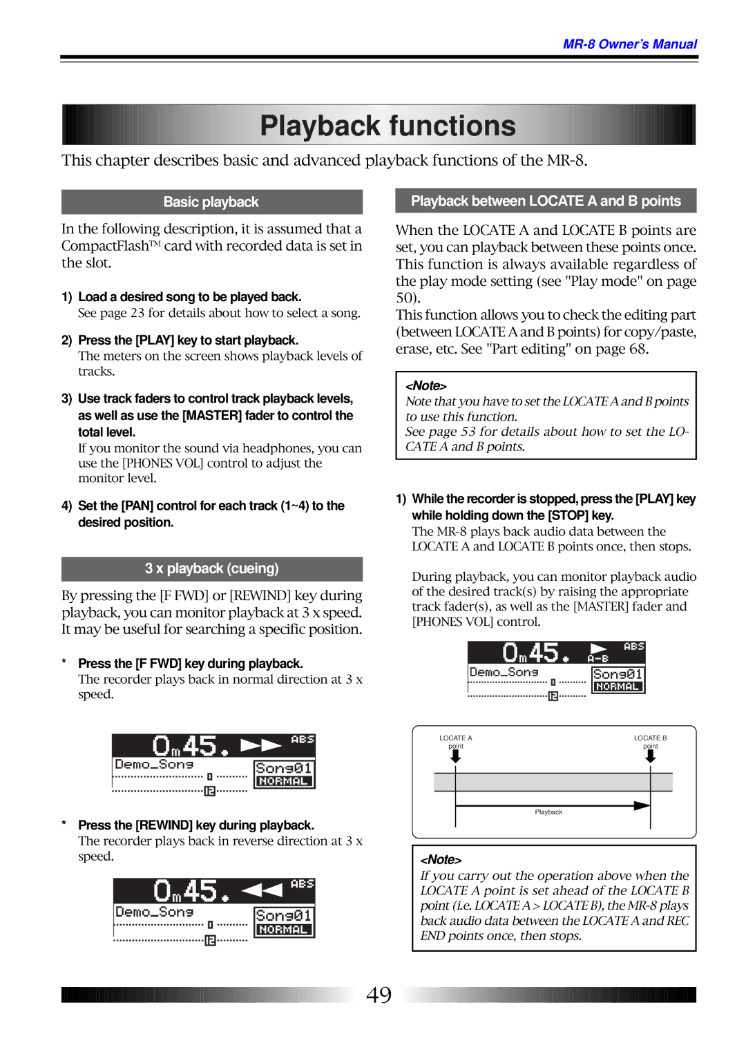 Fostex MR-8 owner manual Playback functions, Basic playback, Playback cueing, Playback between Locate a and B points 