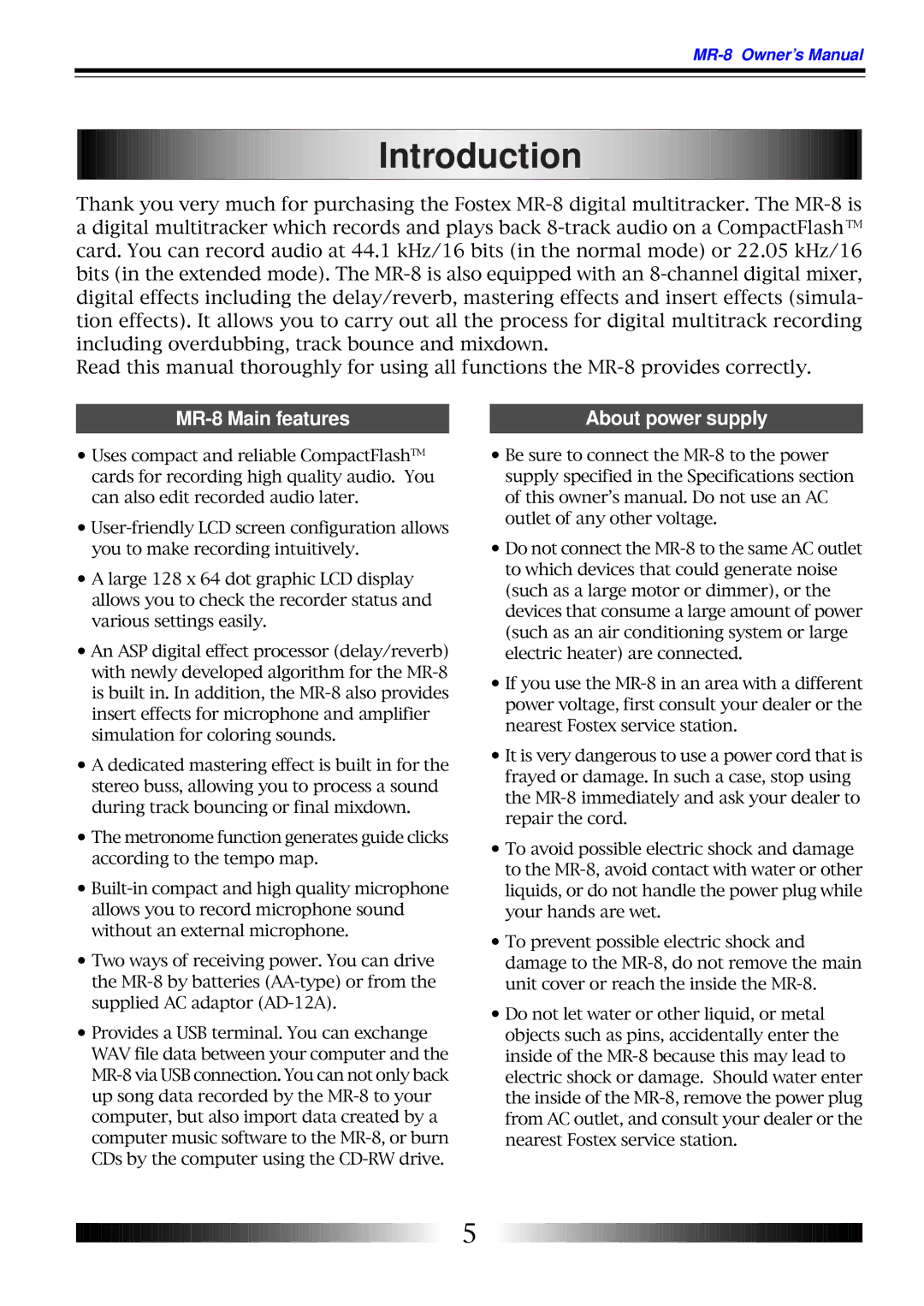 Fostex owner manual Introduction, MR-8 Main features About power supply 