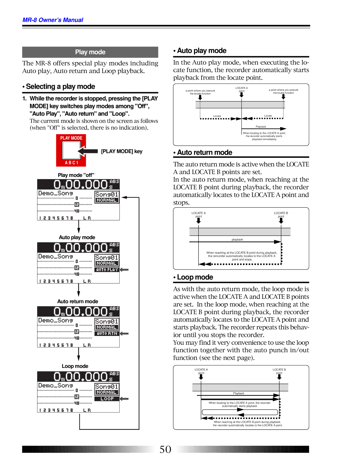 Fostex MR-8 owner manual Selecting a play mode, Auto play mode, Auto return mode, Loop mode, Play mode 