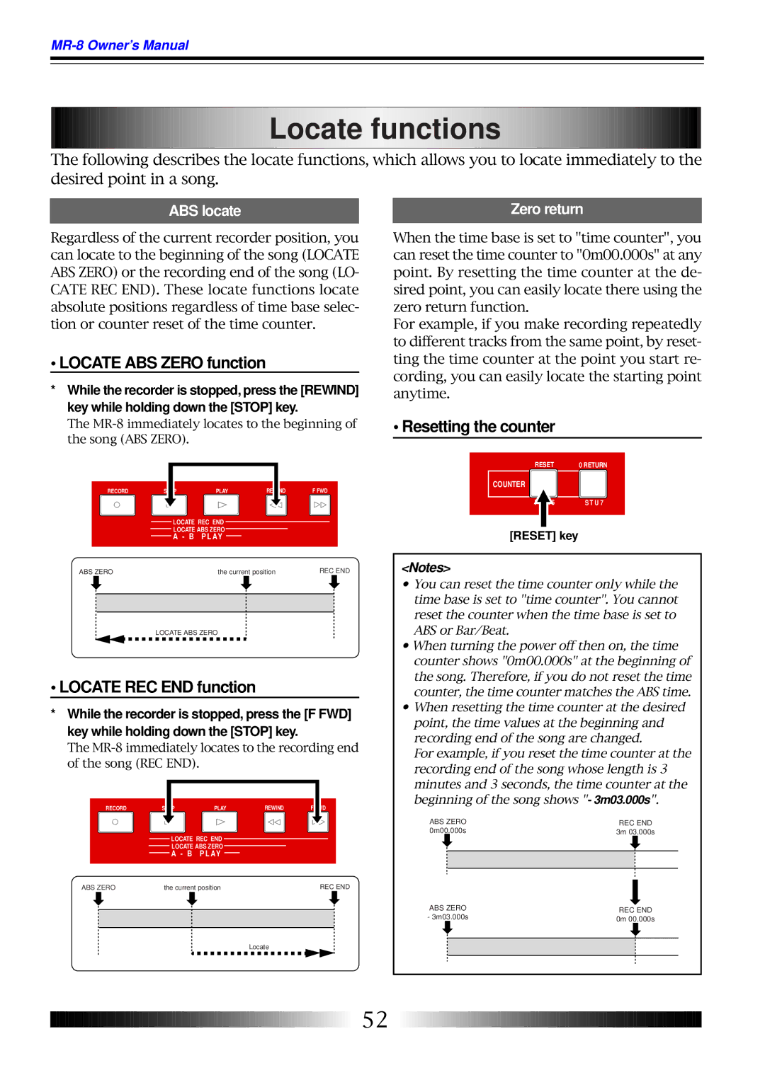 Fostex MR-8 owner manual Locate functions, Locate ABS Zero function, Locate REC END function, Resetting the counter 