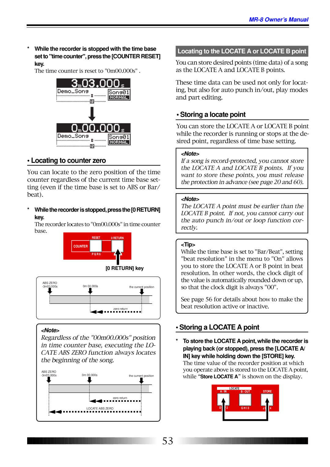 Fostex MR-8 owner manual Locating to counter zero, Storing a locate point, Storing a Locate a point 