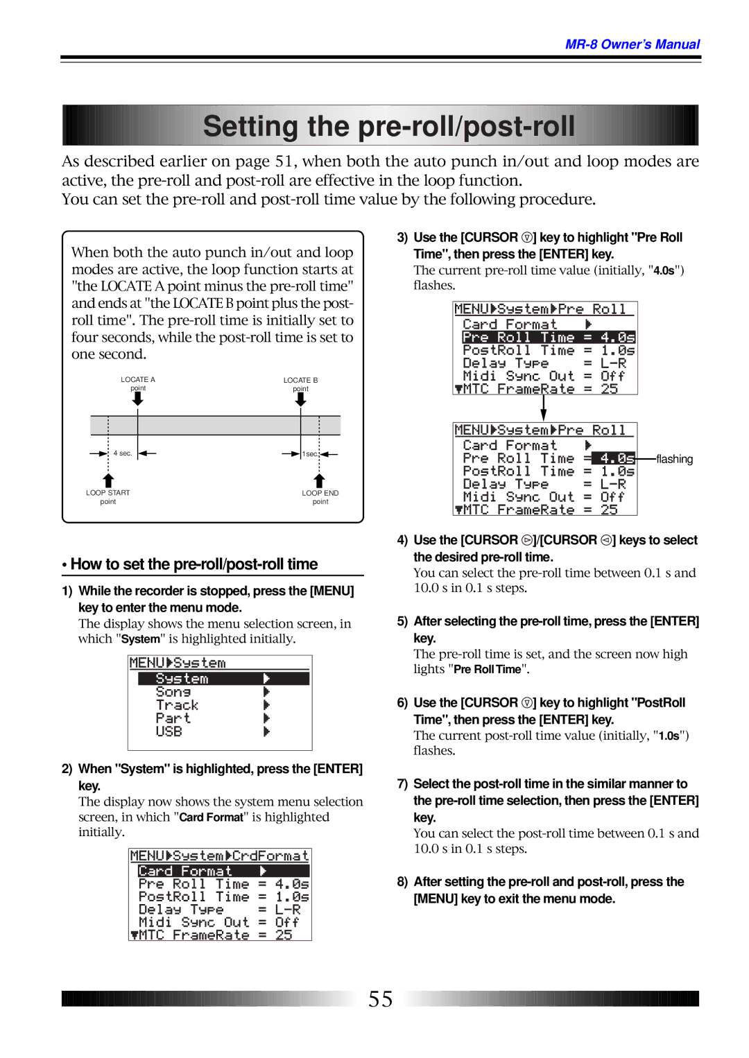 Fostex MR-8 owner manual Setting the pre-roll/post- roll, How to set the pre-roll/post-roll time 