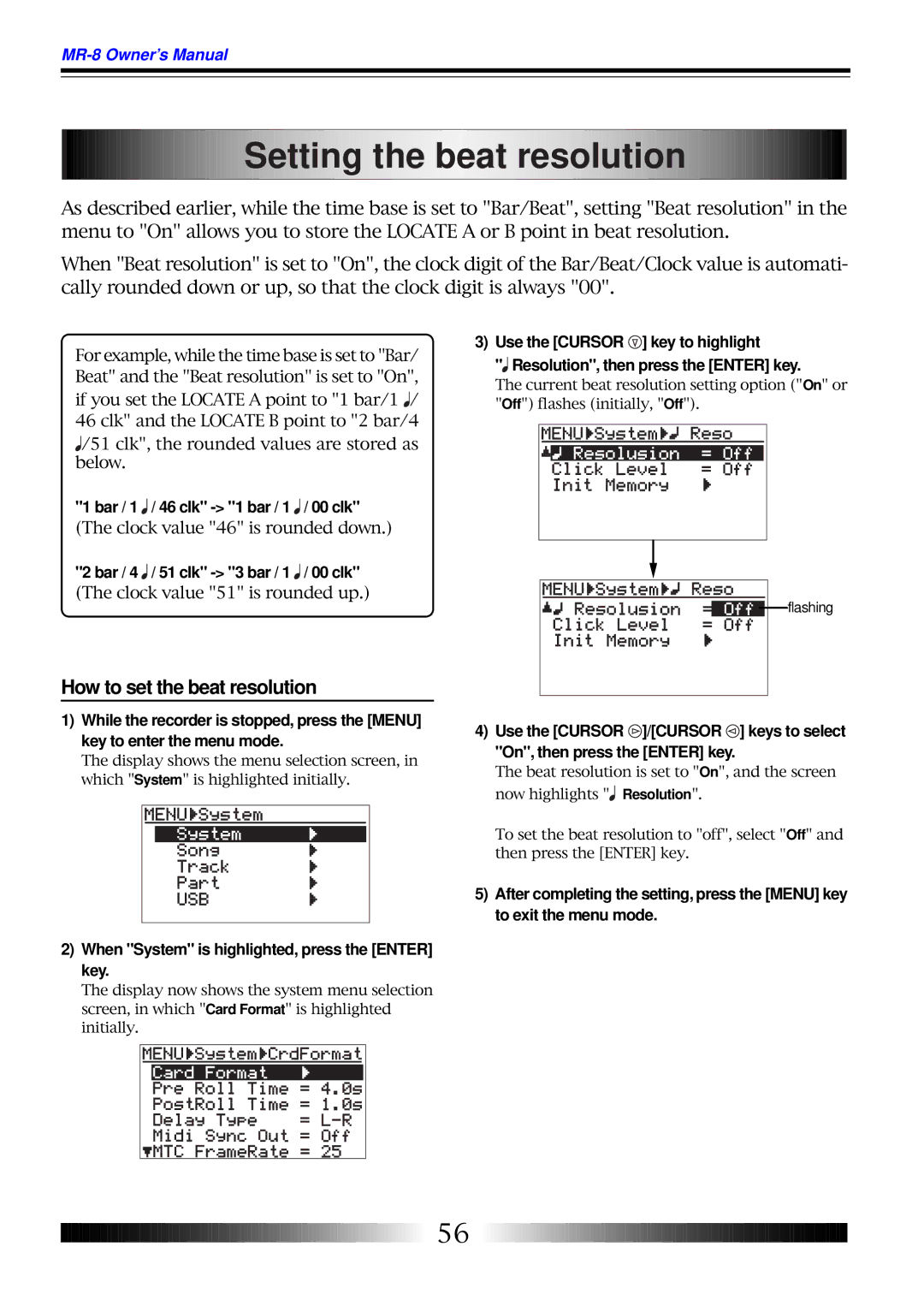 Fostex MR-8 owner manual Setting the beat resolution, How to set the beat resolution, Bar / 1 / 46 clk 1 bar / 1 / 00 clk 