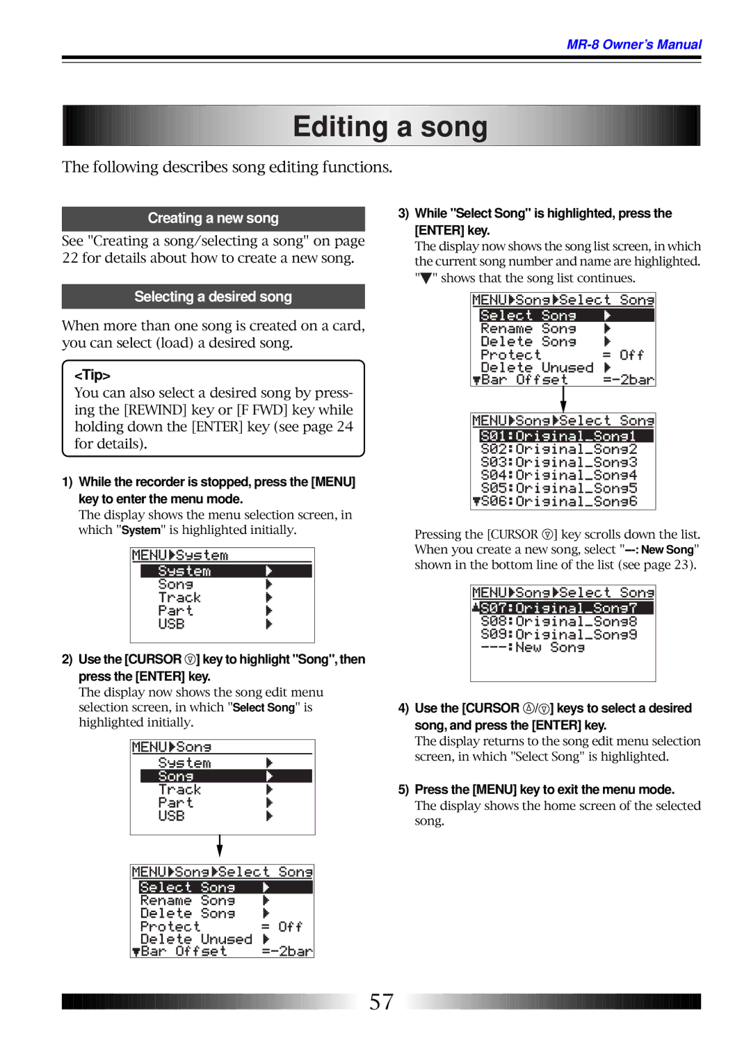 Fostex MR-8 Editing a song, Creating a new song, Selecting a desired song, Press the Menu key to exit the menu mode 