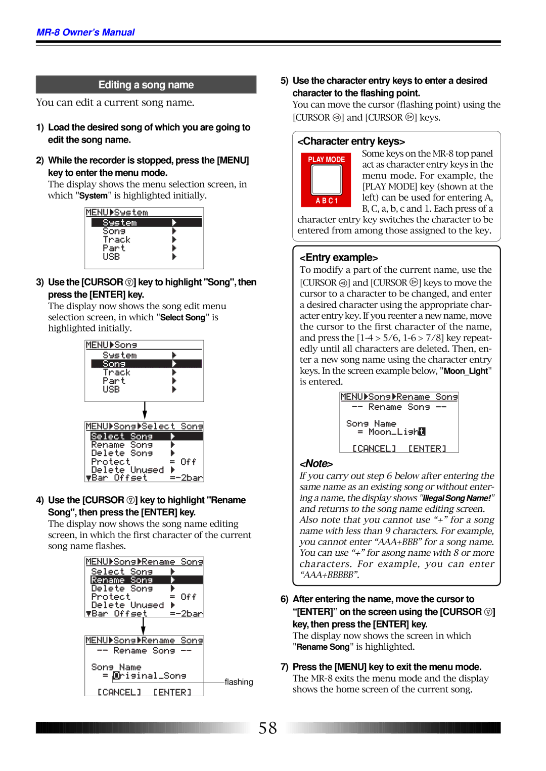 Fostex MR-8 owner manual Editing a song name, After entering the name, move the cursor to, Key, then press the Enter key 