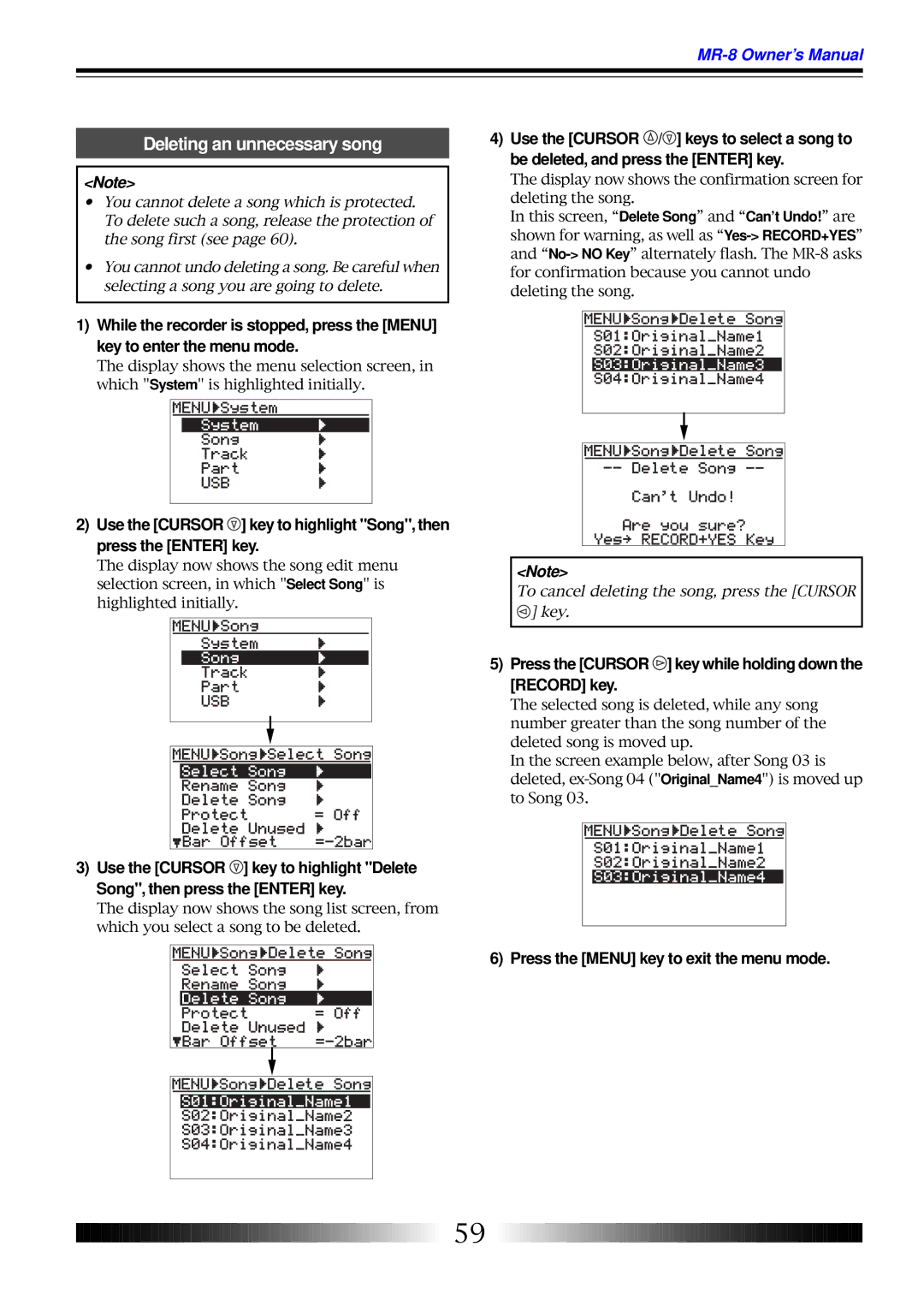 Fostex MR-8 owner manual Deleting an unnecessary song, Press the Cursor key while holding down the Record key 