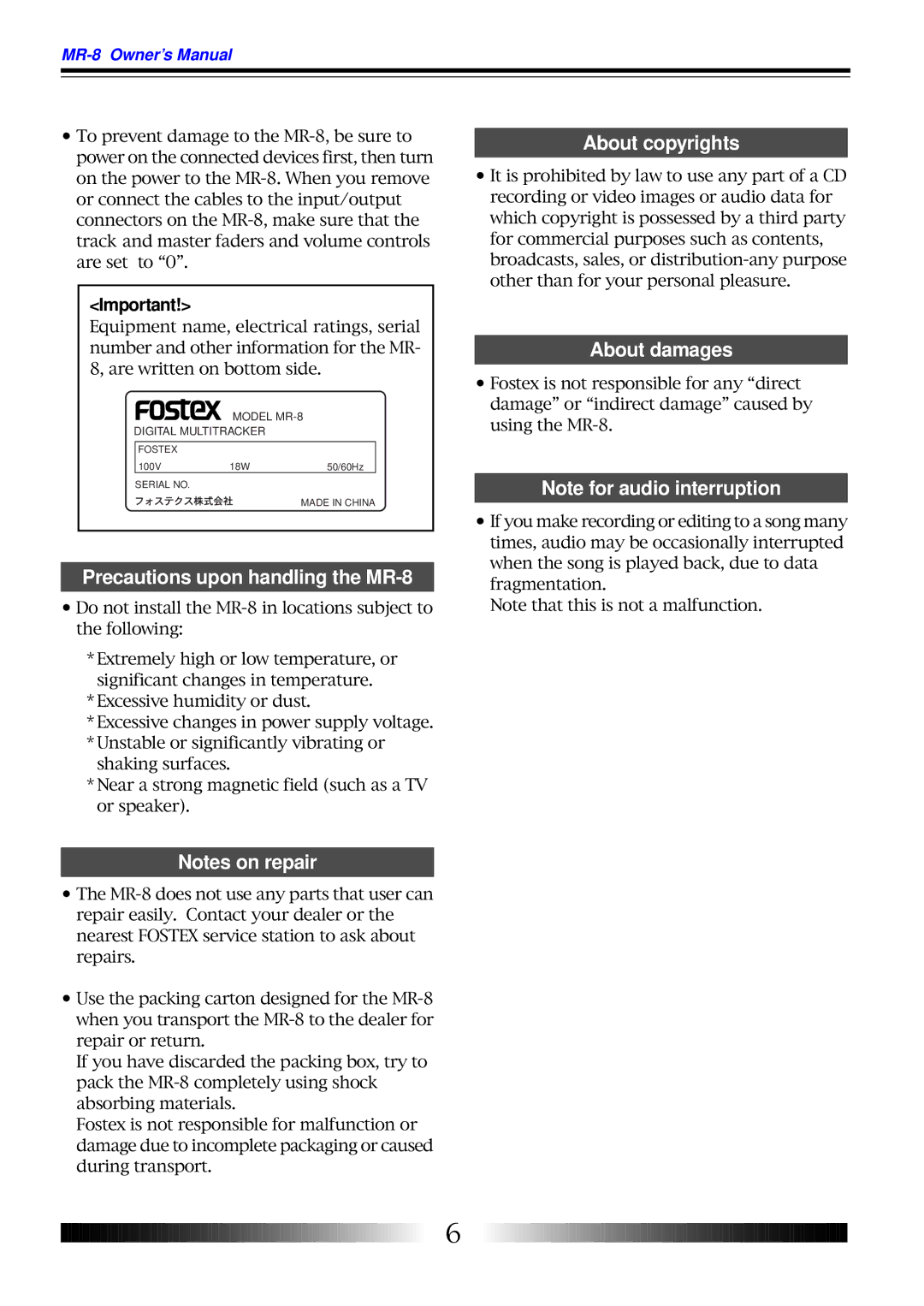 Fostex owner manual Precautions upon handling the MR-8, About copyrights, About damages 