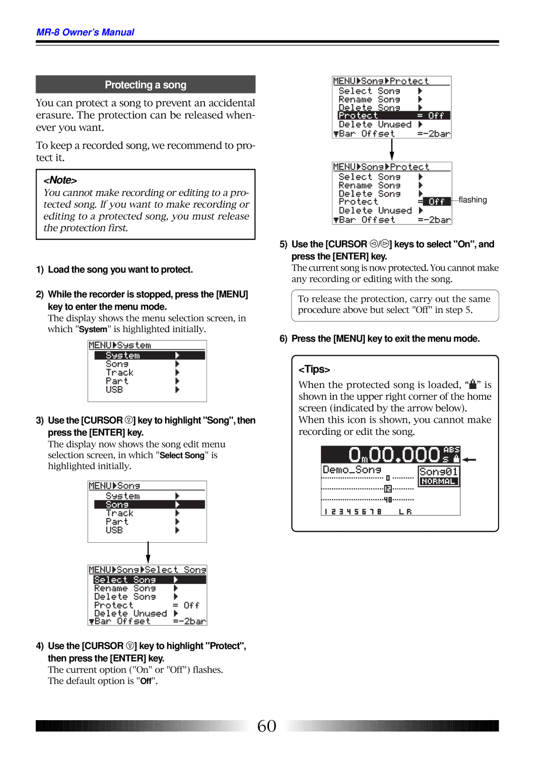 Fostex MR-8 owner manual Protecting a song, Tips, Use the Cursor / keys to select On, and press the Enter key 