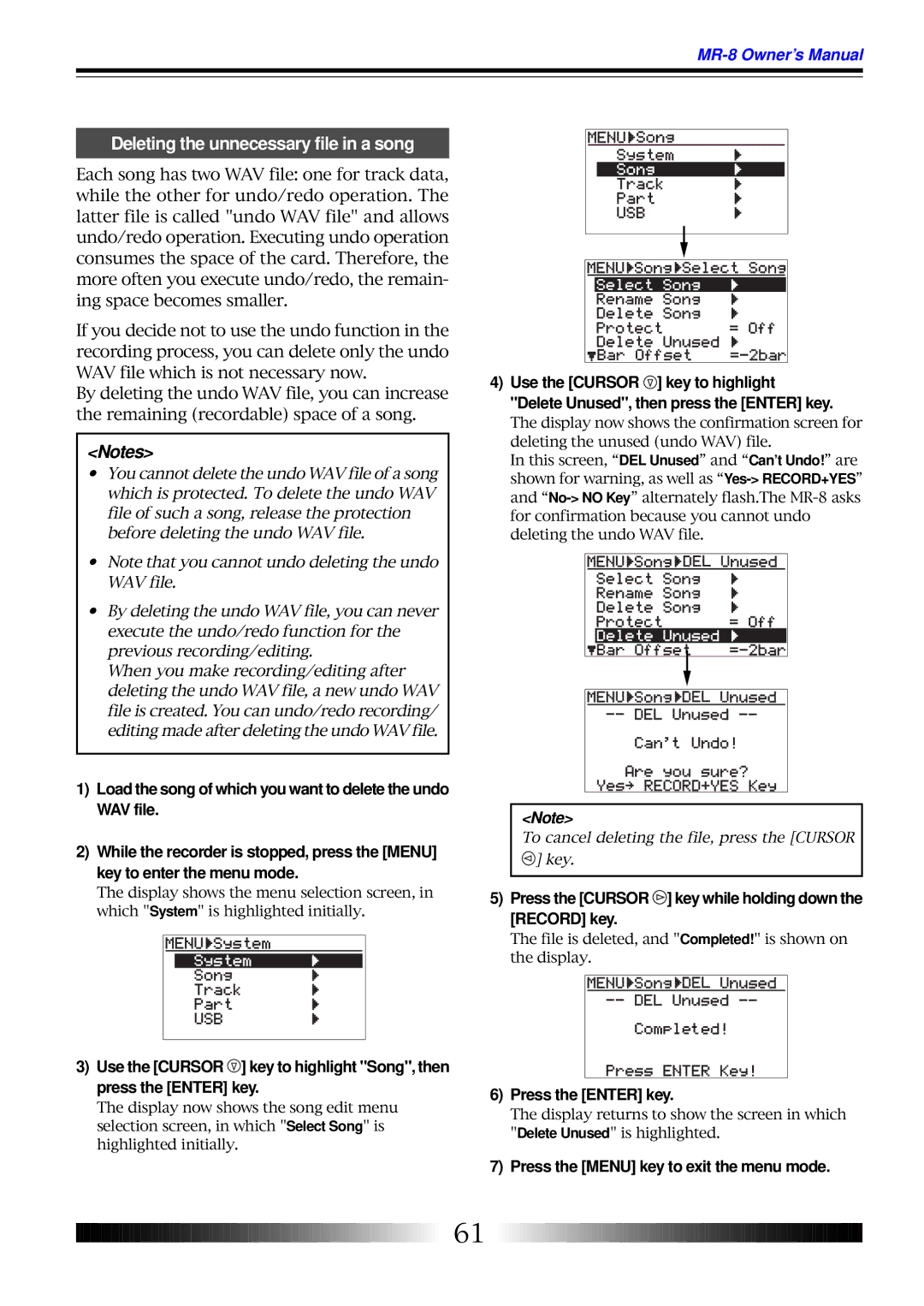 Fostex MR-8 owner manual Deleting the unnecessary file in a song, Press the Enter key 