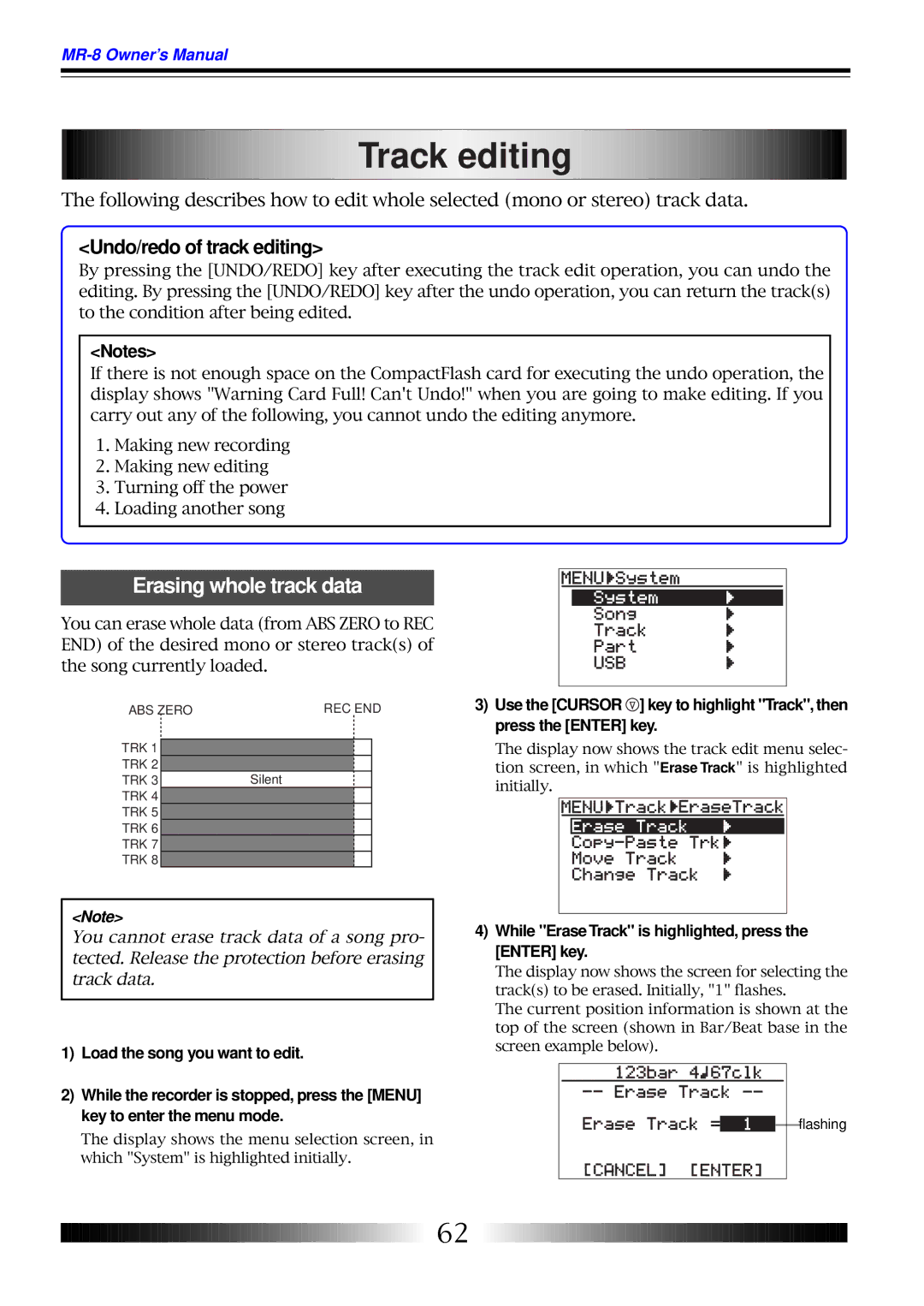 Fostex MR-8 owner manual Track editing, Undo/redo of track editing, While Erase Track is highlighted, press the Enter key 