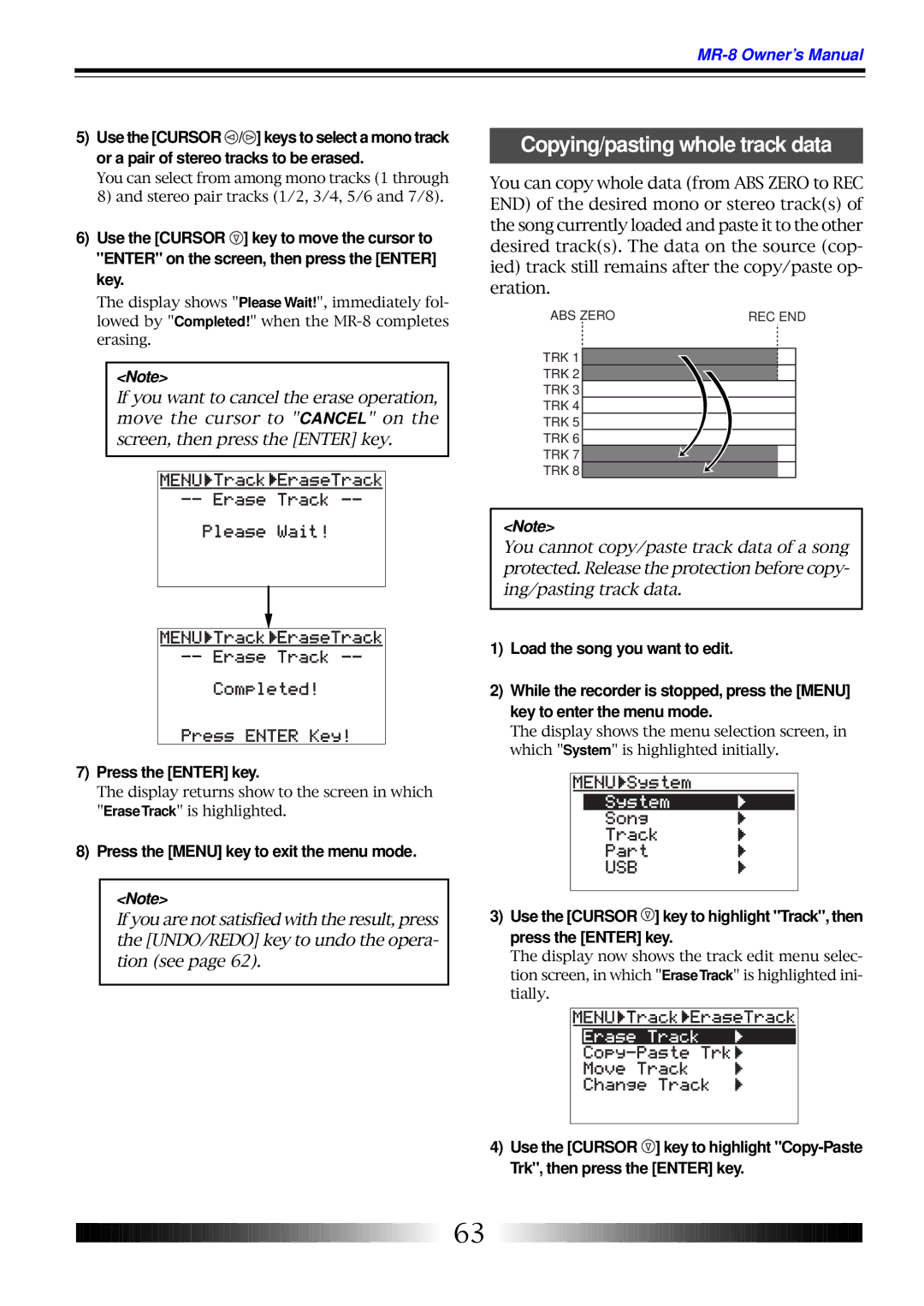 Fostex MR-8 owner manual Copying/pasting whole track data 