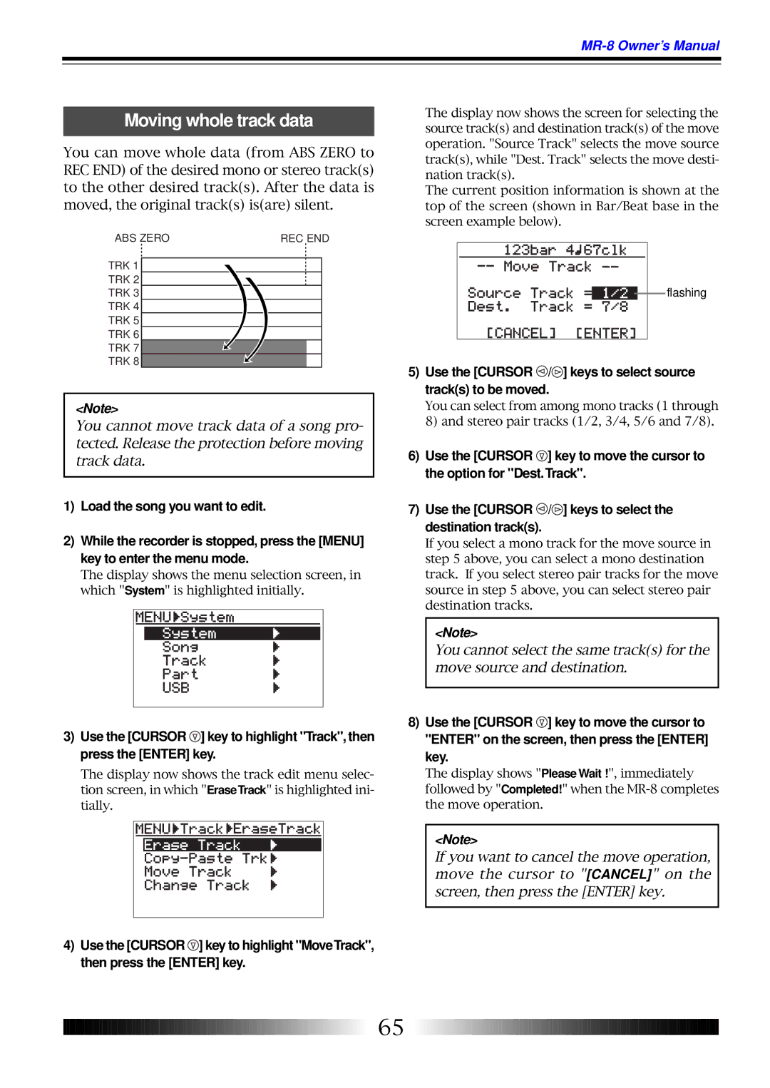 Fostex MR-8 owner manual Moving whole track data, Use the Cursor / keys to select source tracks to be moved 