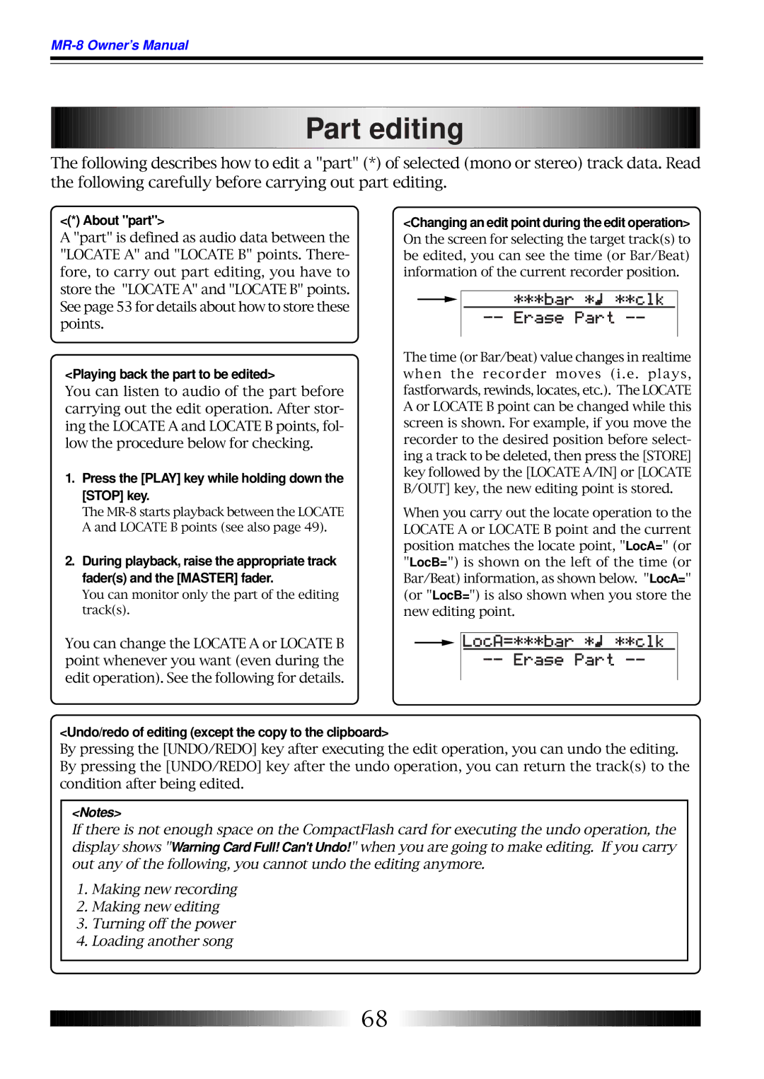 Fostex MR-8 owner manual Part editing 