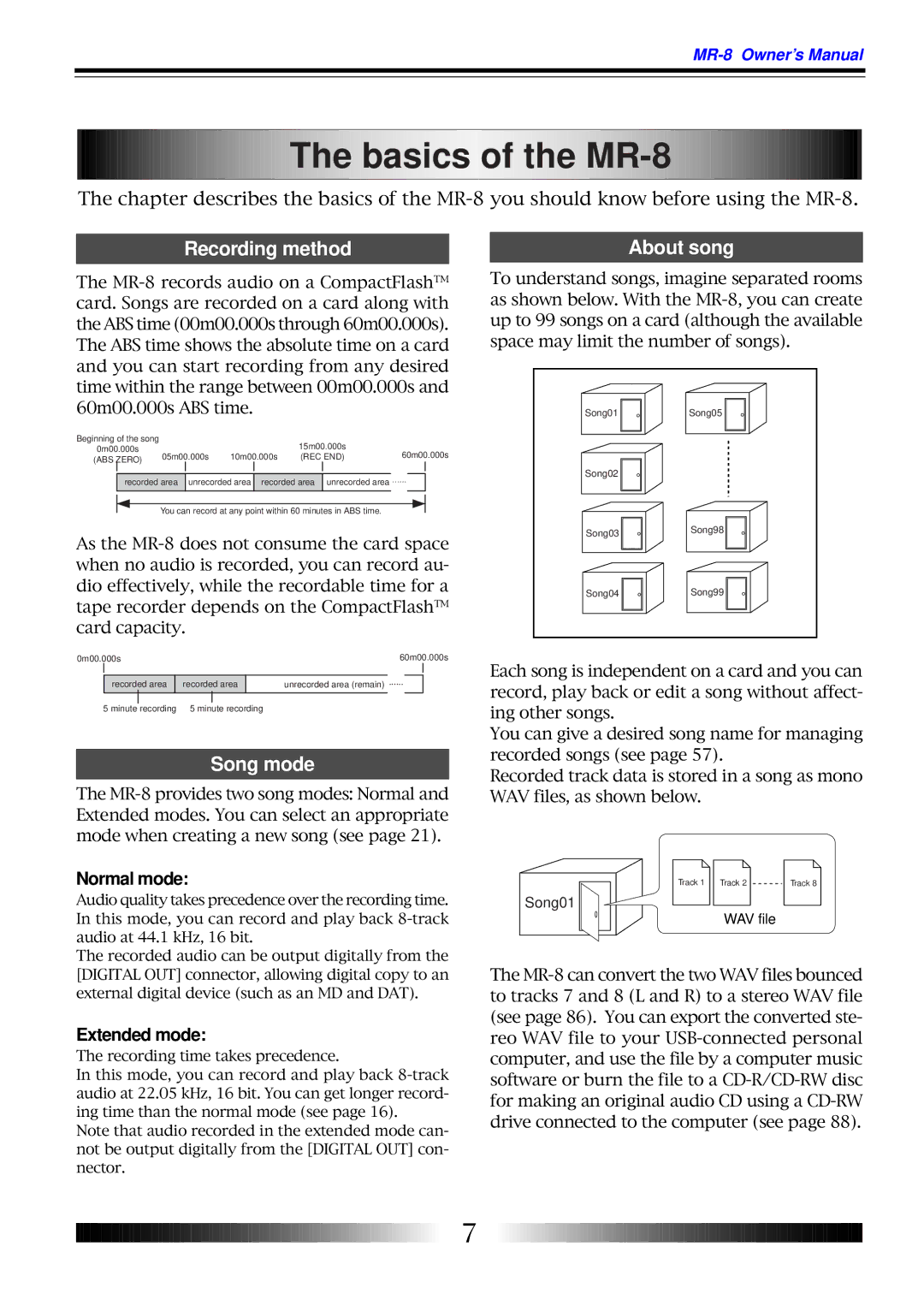 Fostex MR-8 owner manual Basics of the MR, Recording method, About song, Song mode 