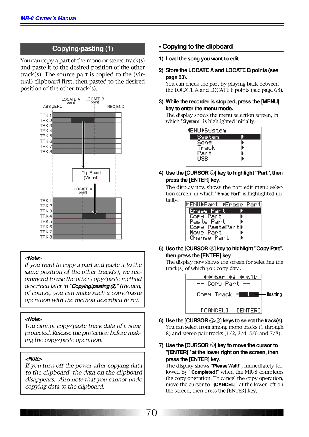 Fostex MR-8 owner manual Copying to the clipboard, Use the Cursor / keys to select the tracks 