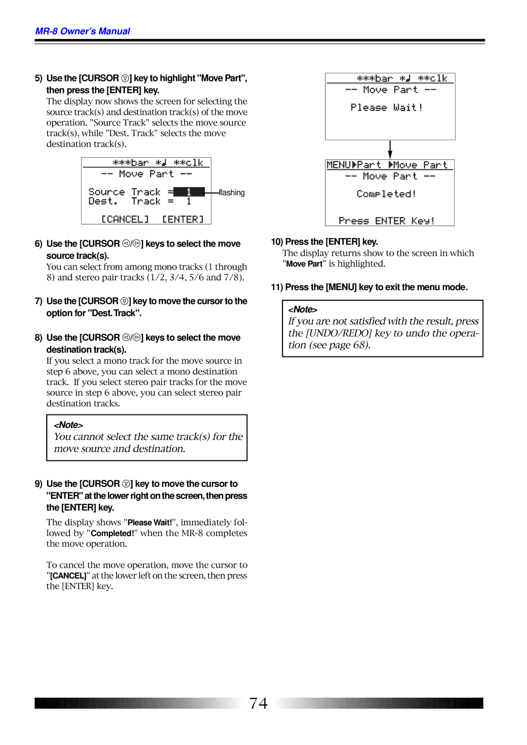 Fostex MR-8 owner manual Use the Cursor / keys to select the move source tracks 