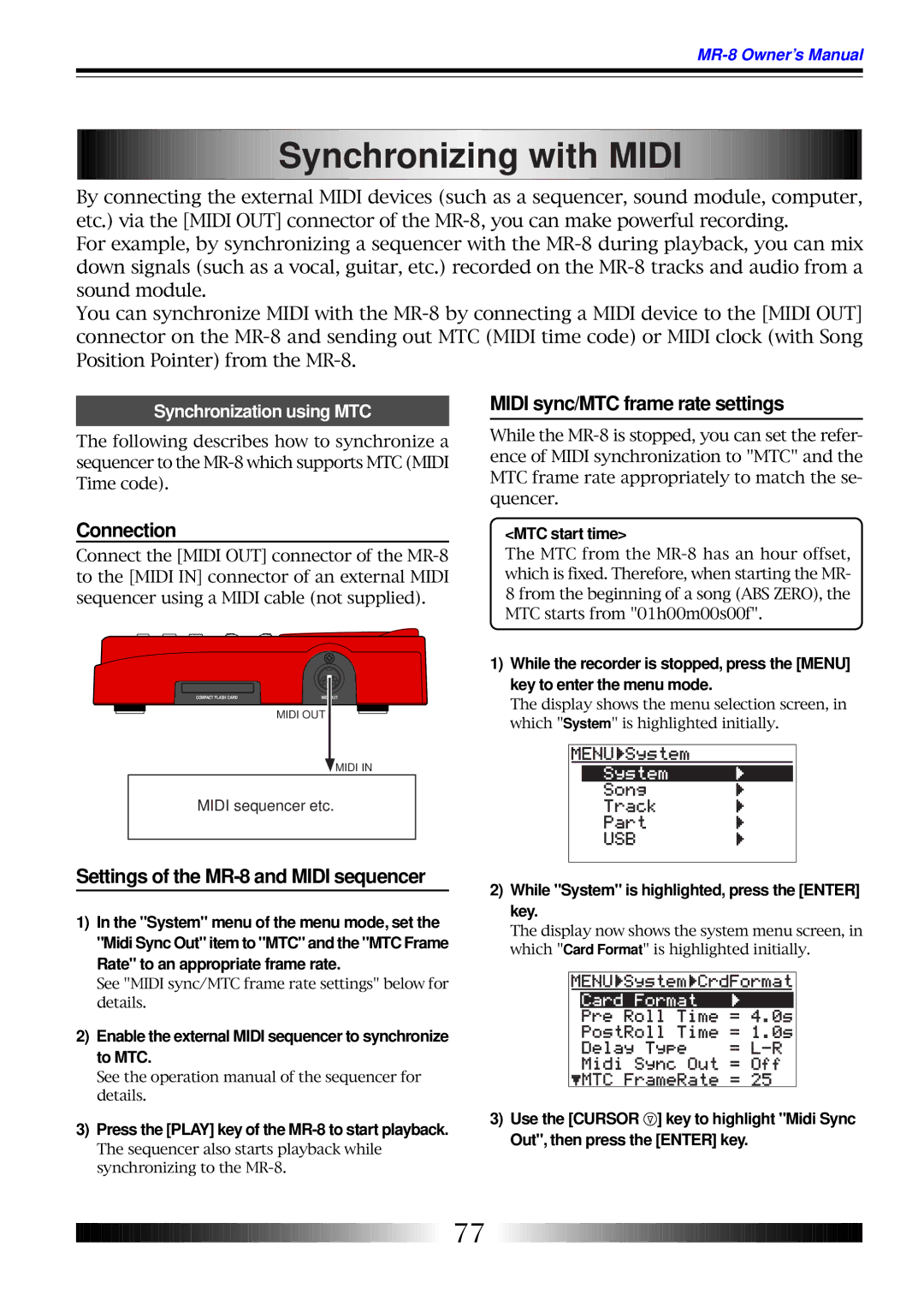 Fostex MR-8 owner manual Synchronizing with Midi, Midi sync/MTC frame rate settings, Connection, Synchronization using MTC 