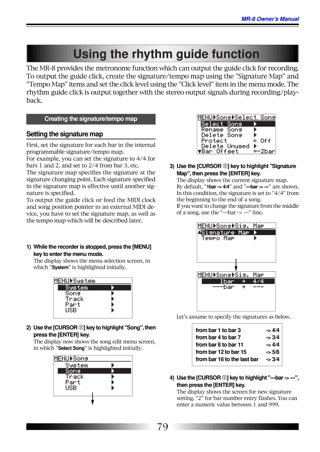 Fostex MR-8 owner manual Using the rhythm guide function, Setting the signature map, Creating the signature/tempo map 