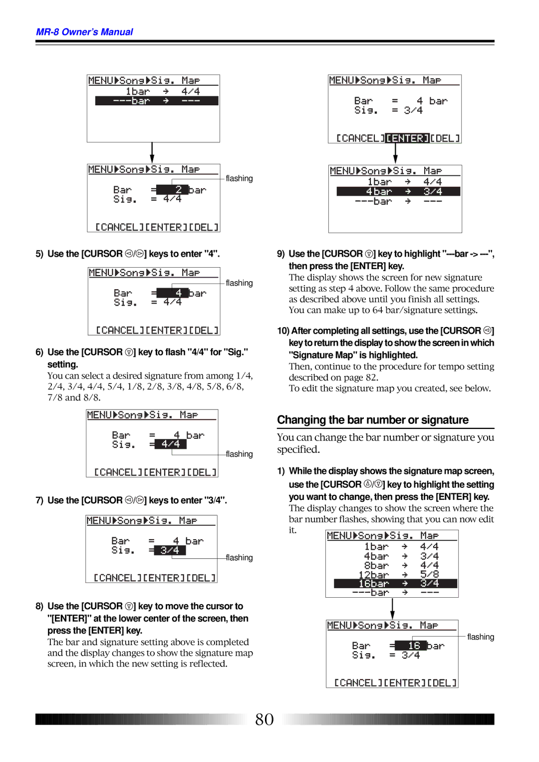 Fostex MR-8 owner manual Changing the bar number or signature, Use the Cursor / keys to enter 3/4 