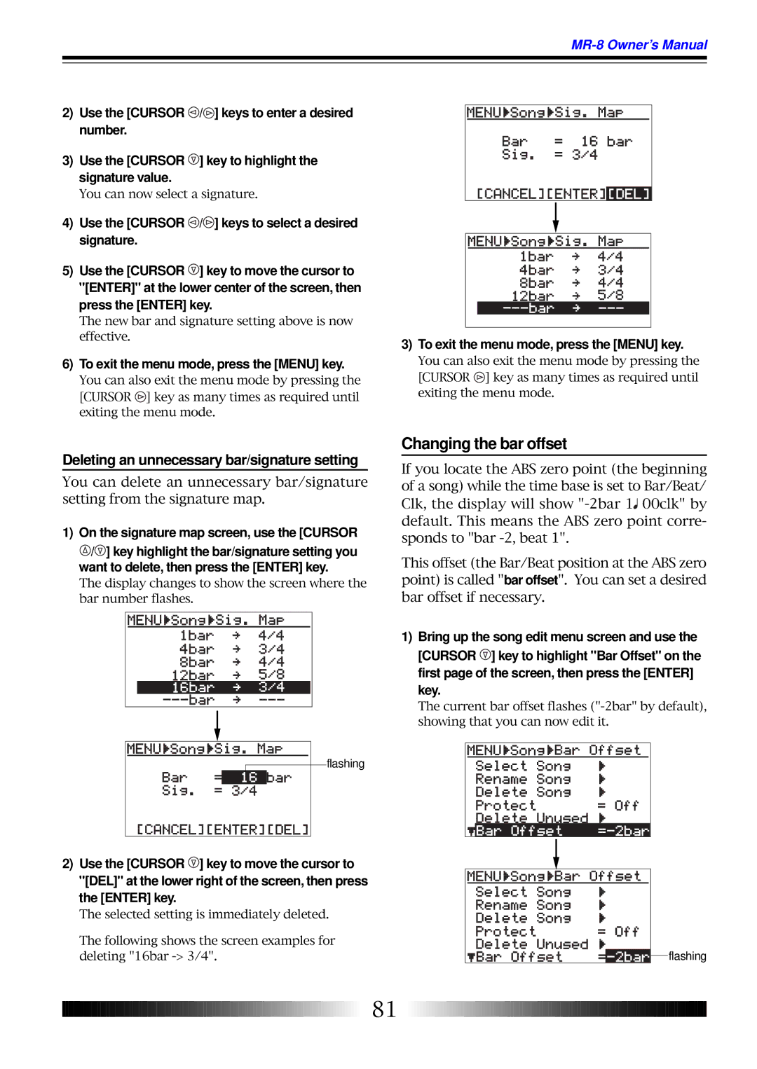 Fostex MR-8 owner manual Changing the bar offset, Deleting an unnecessary bar/signature setting 