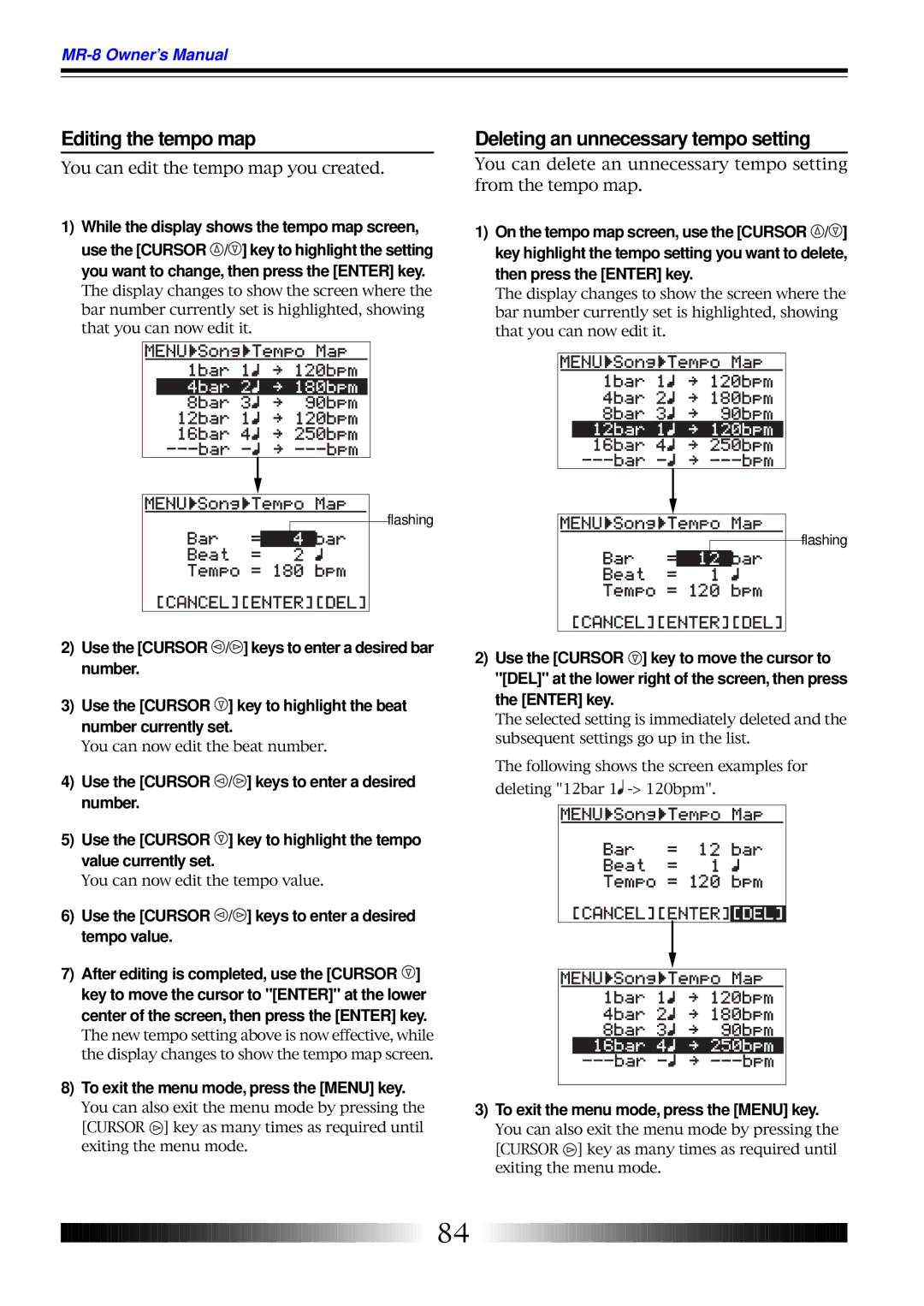 Fostex MR-8 owner manual Editing the tempo map, Deleting an unnecessary tempo setting 