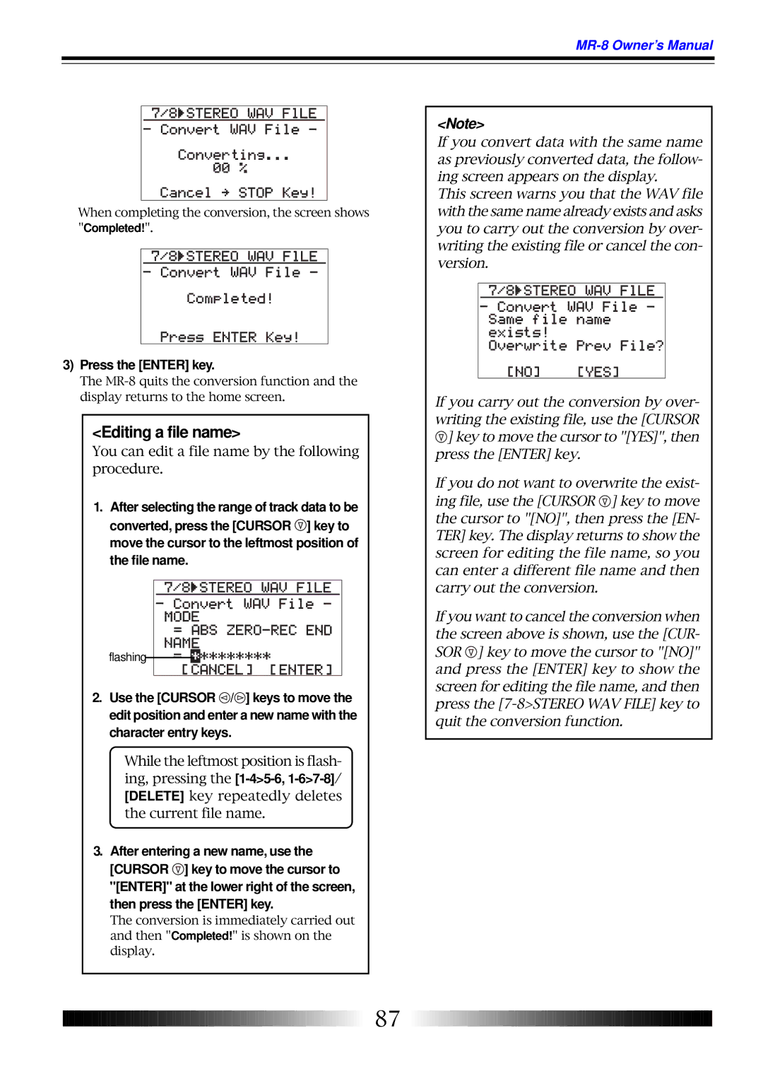 Fostex MR-8 owner manual Editing a file name, Press the Enter key 