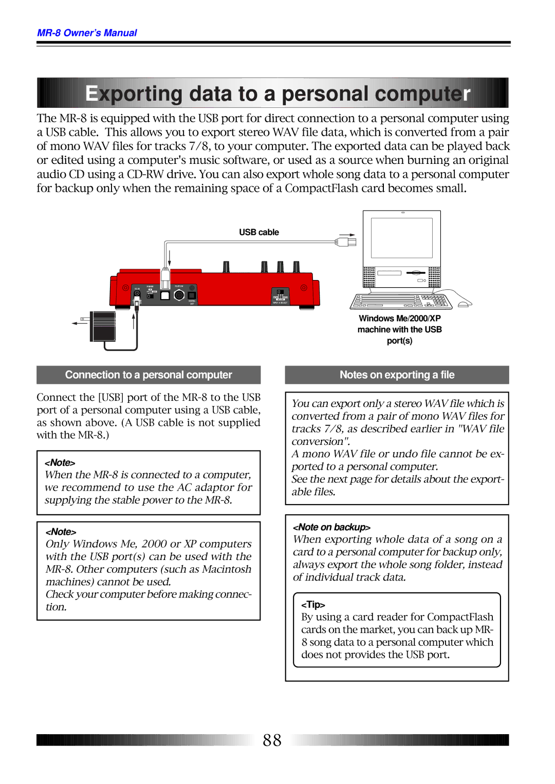 Fostex MR-8 owner manual Xporting data to a personal computer, Connection to a personal computer 