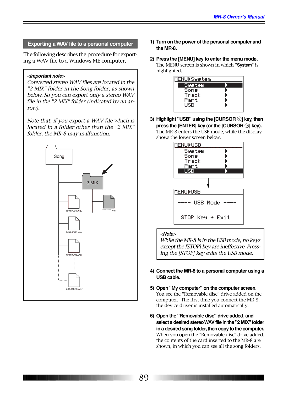 Fostex MR-8 owner manual Exporting a WAV file to a personal computer, Important note 