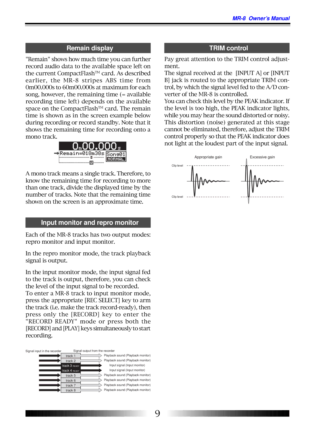 Fostex MR-8 owner manual Remain display, Input monitor and repro monitor, Trim control 