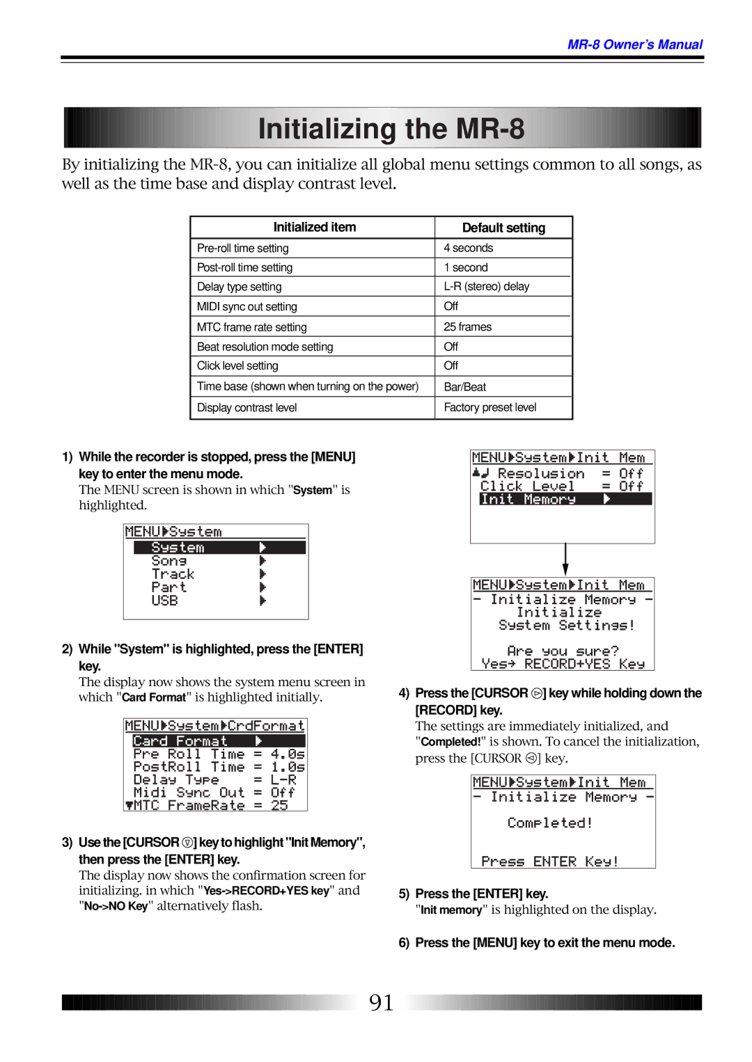 Fostex MR-8 owner manual Initializing the MR, Initialized item Default setting 