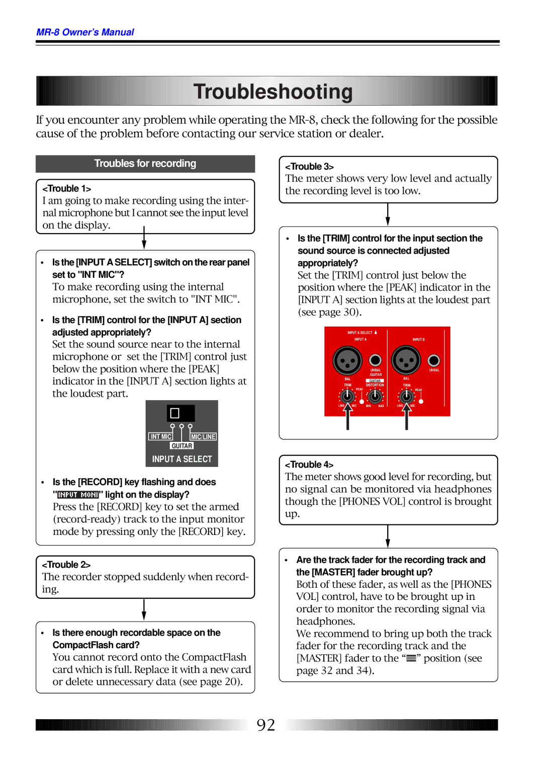 Fostex MR-8 owner manual Troubleshooting, Troubles for recording, Is the Record key flashing and does Light on the display? 