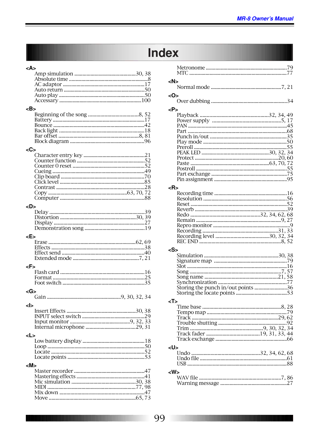 Fostex MR-8 owner manual Index, 100 