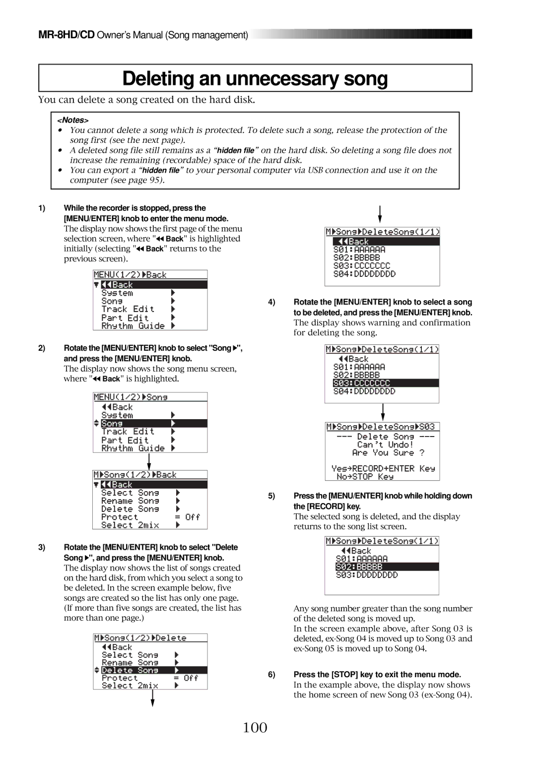 Fostex MR-8CD owner manual Deleting an unnecessary song, 100 