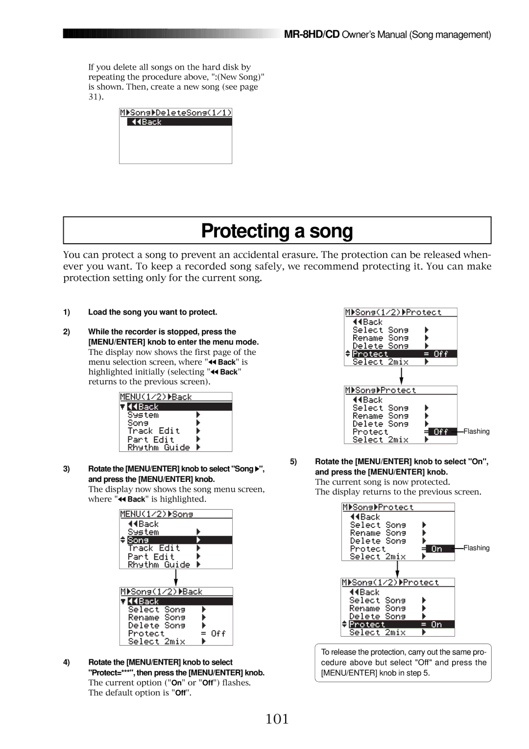 Fostex MR-8CD owner manual Protecting a song, 101, Protect=***, then press the MENU/ENTER knob 