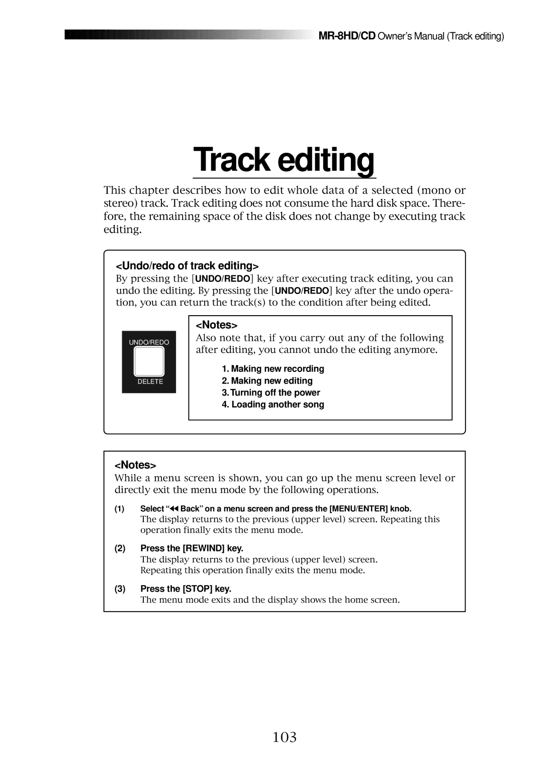 Fostex MR-8CD owner manual Track editing, 103, Select Back on a menu screen and press the MENU/ENTER knob 