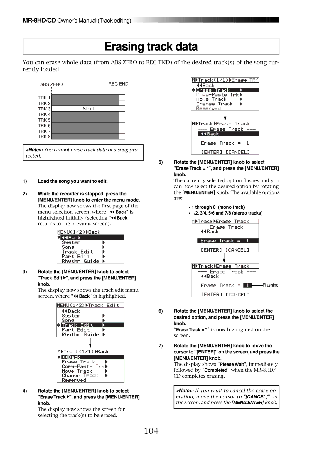 Fostex MR-8CD owner manual Erasing track data, 104 