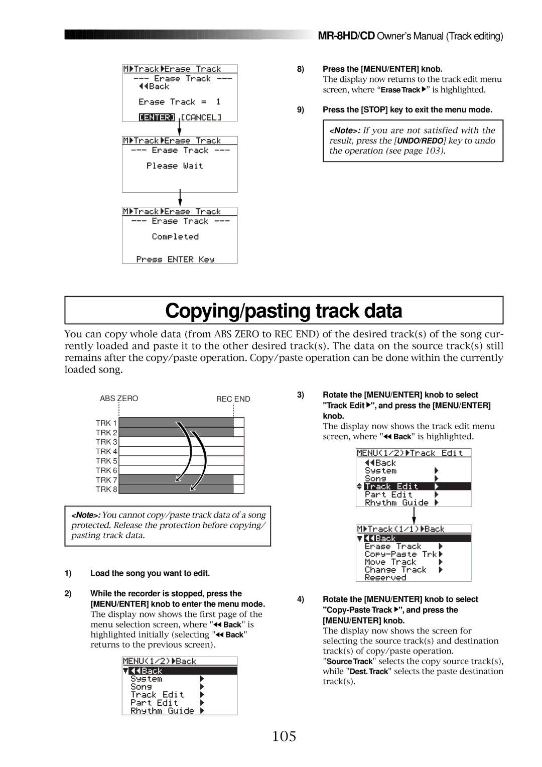 Fostex MR-8CD owner manual Copying/pasting track data, 105 