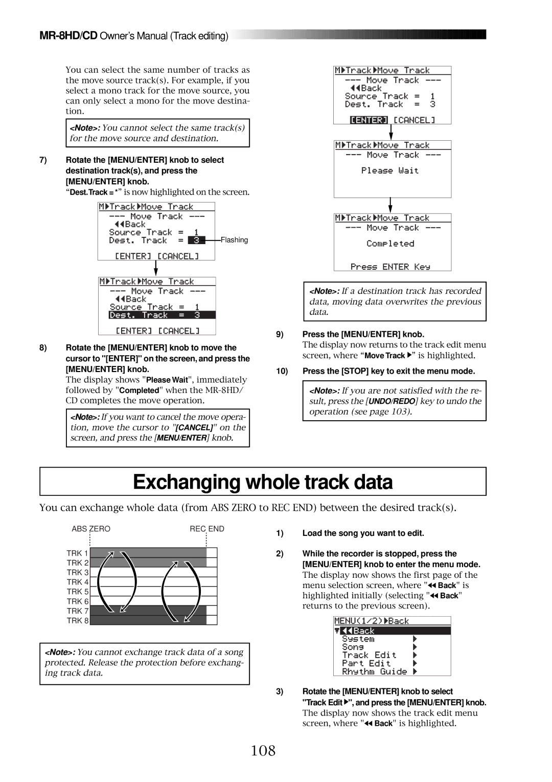 Fostex MR-8CD owner manual Exchanging whole track data, 108 