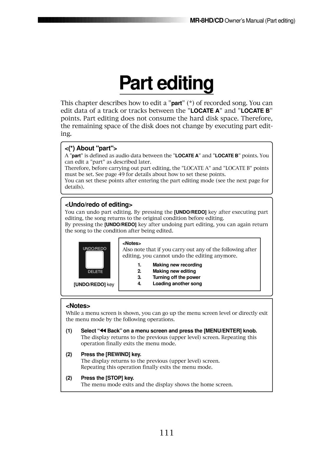 Fostex MR-8CD owner manual Part editing, 111, UNDO/REDO key 