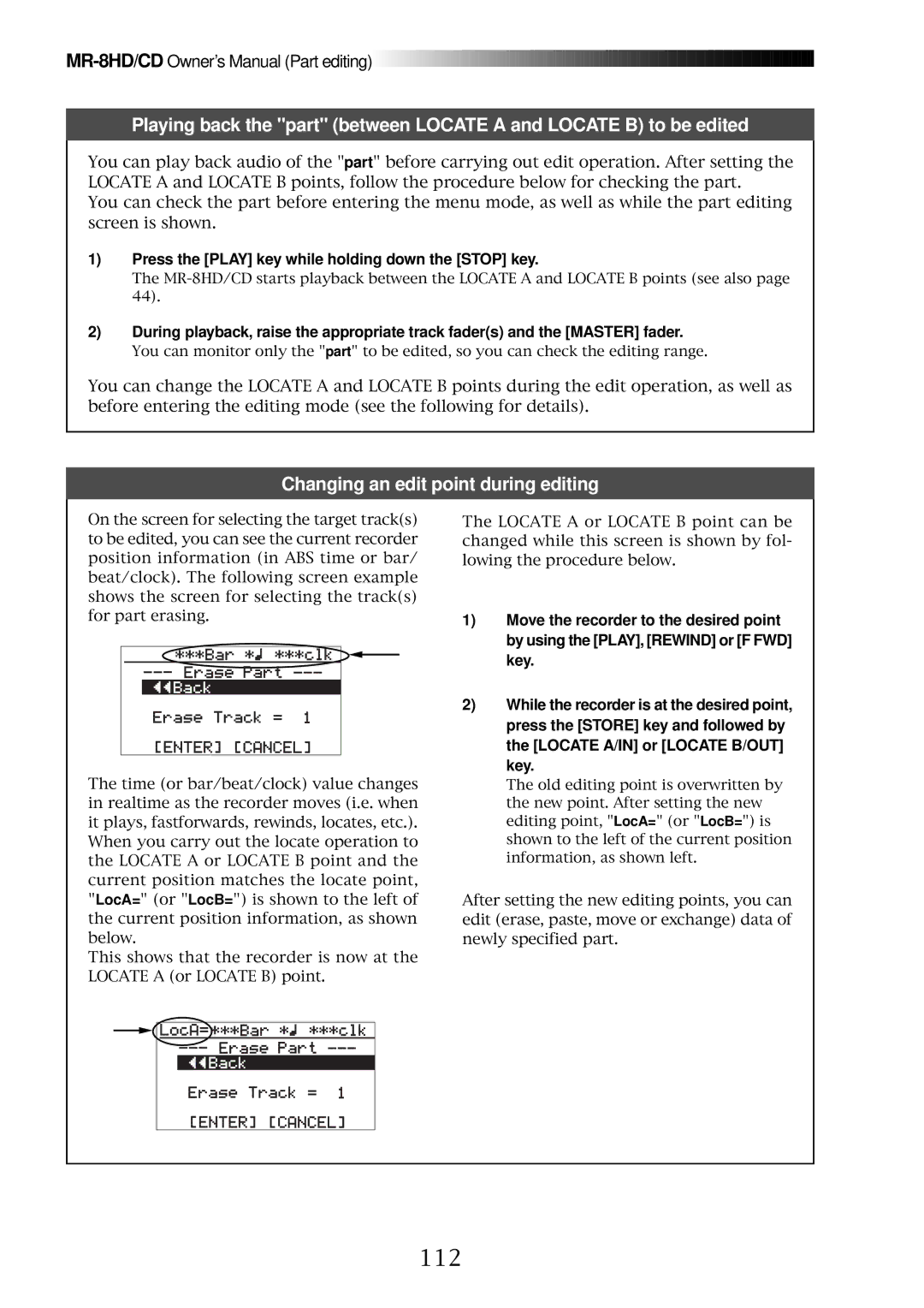 Fostex MR-8CD owner manual 112, Changing an edit point during editing, Press the Play key while holding down the Stop key 